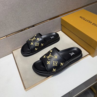 Louis Vuitton Classic Monogram Light Luxury Black and Gold Slide Sandals