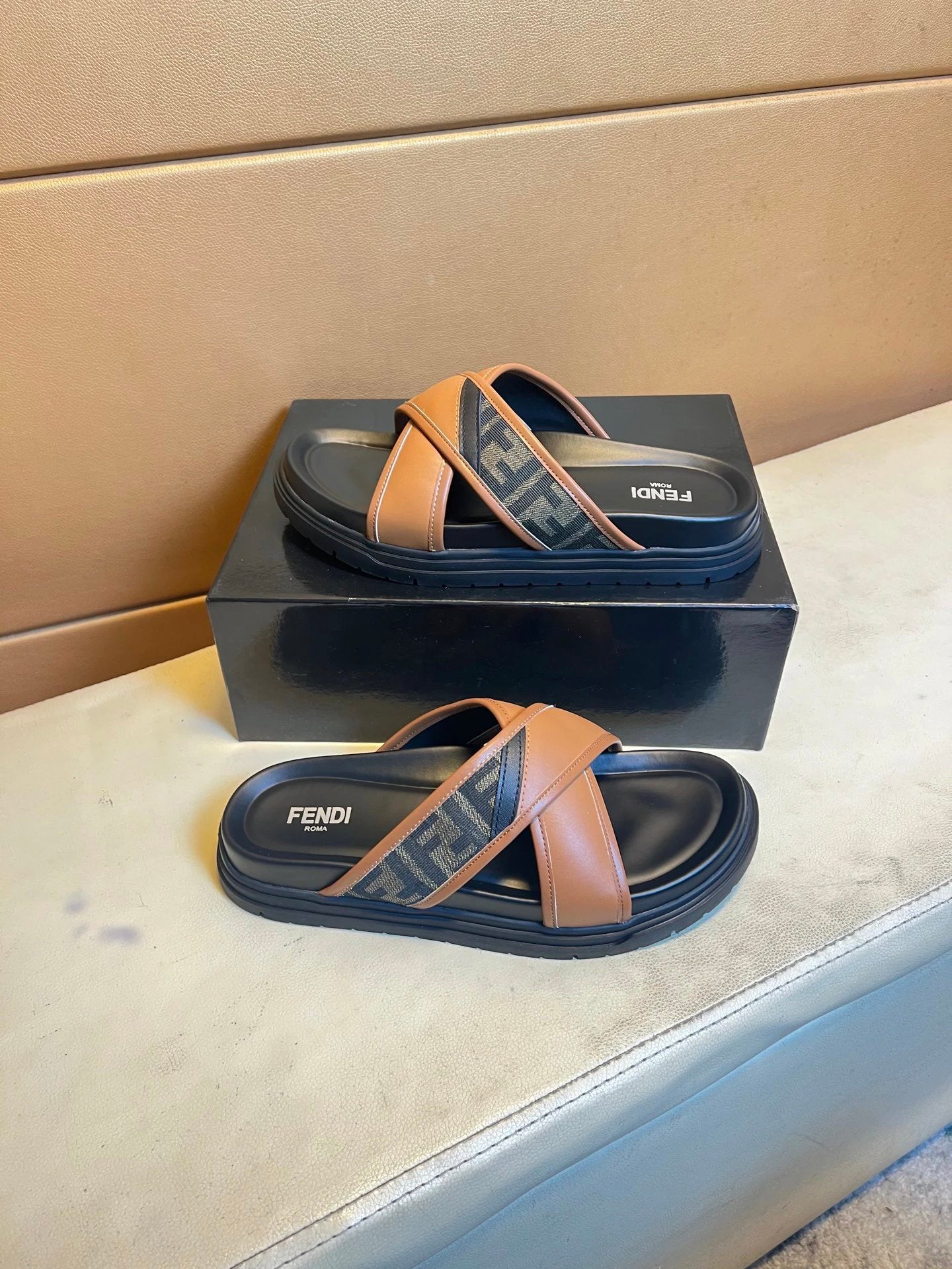 Fendi FF Monogram Casual Style Brown Slides