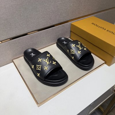 Louis Vuitton Classic Monogram Light Luxury Black and Gold Slide Sandals