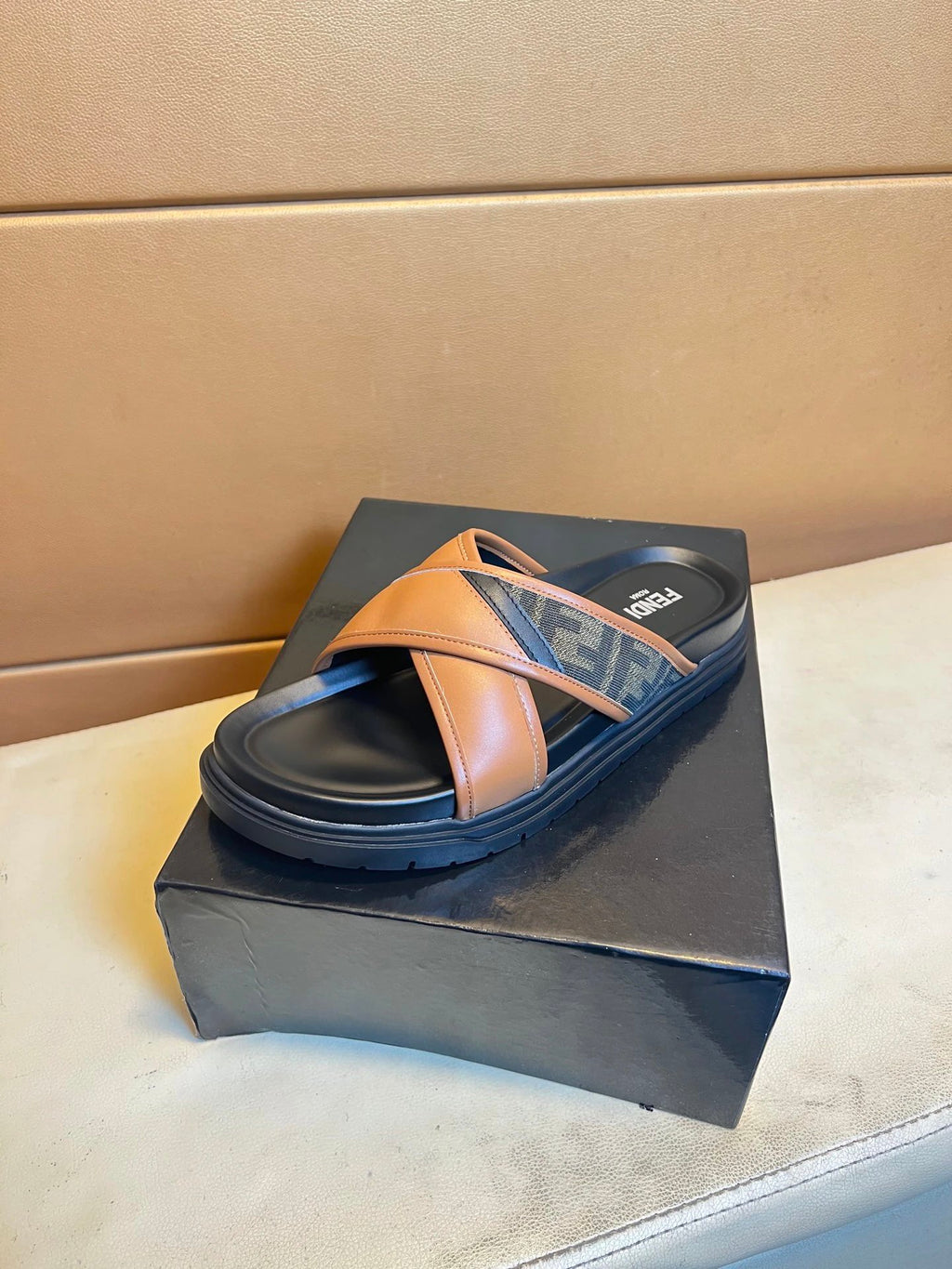 Fendi FF Monogram Casual Style Brown Slides