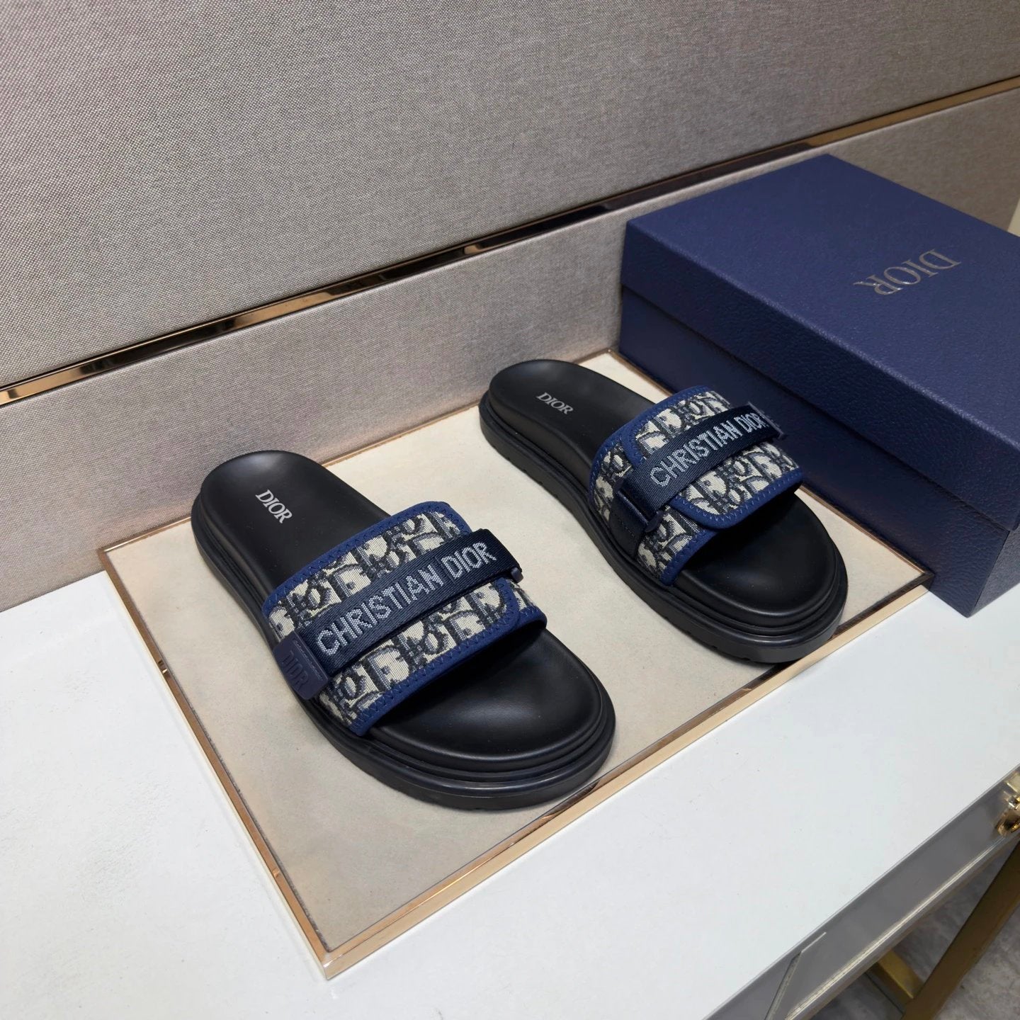 Dior Oblique Casual Style Blue and Black Slides