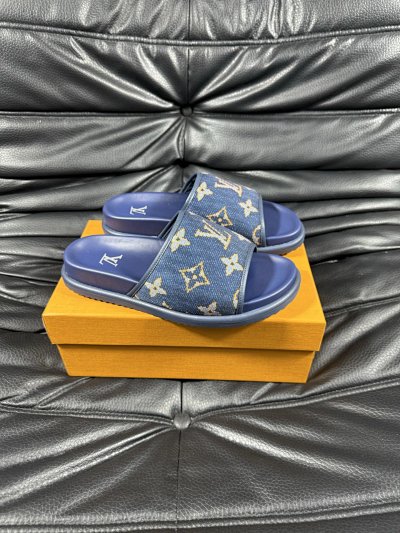 Louis Vuitton Classic Monogram Vintage Style Blue Slide Sandals
