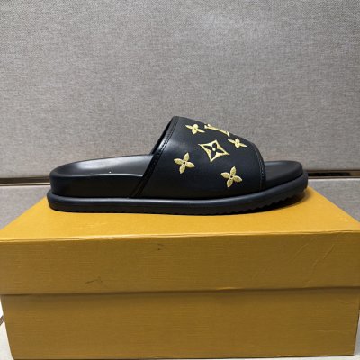 Louis Vuitton Classic Monogram Light Luxury Black and Gold Slide Sandals