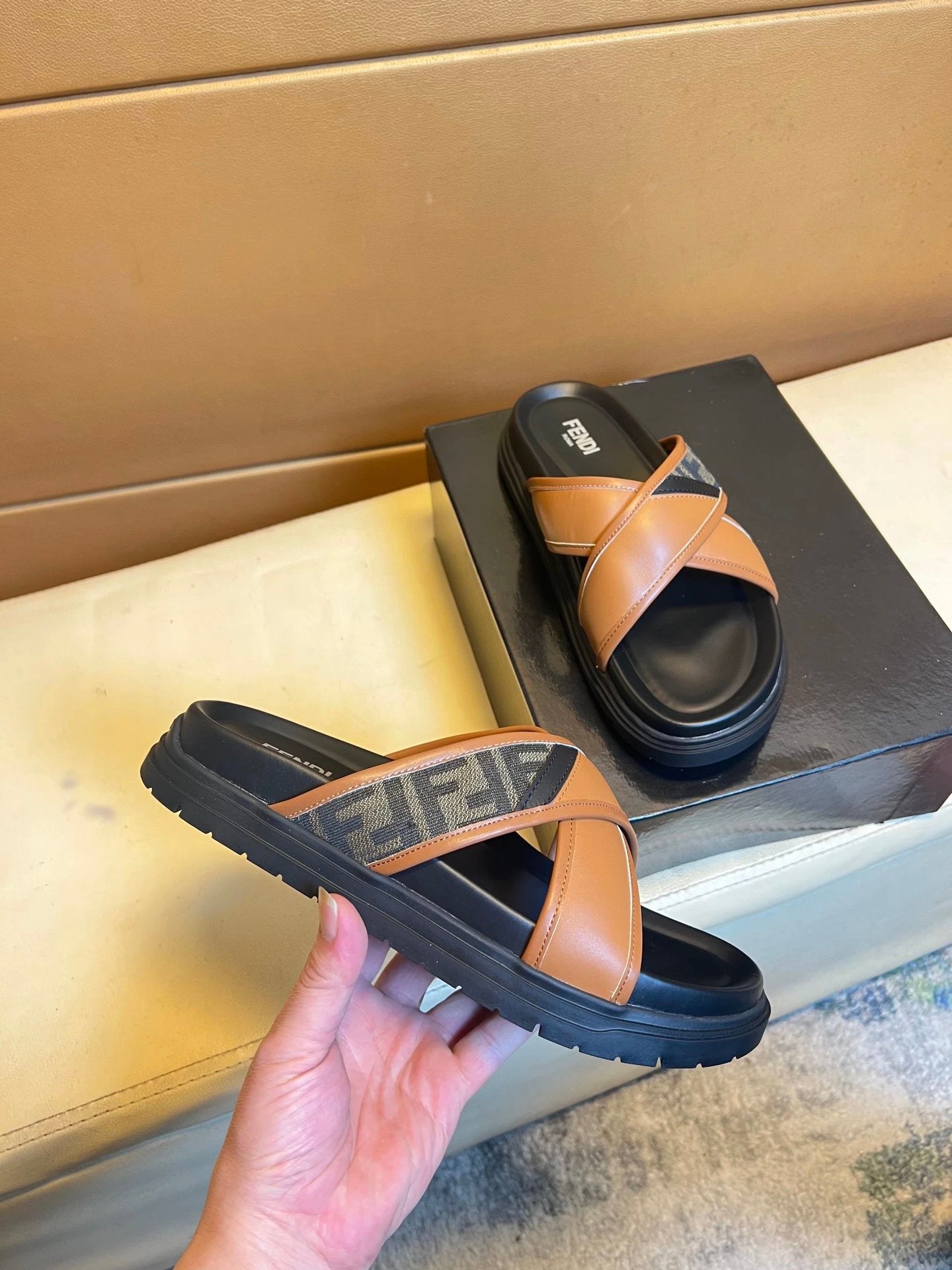 Fendi FF Monogram Casual Style Brown Slides