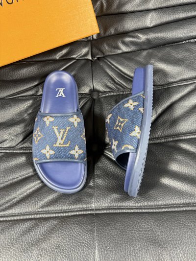Louis Vuitton Classic Monogram Vintage Style Blue Slide Sandals
