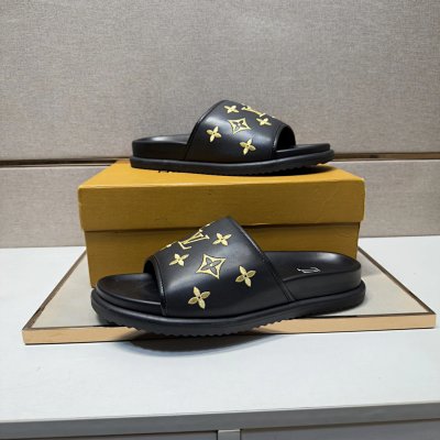 Louis Vuitton Classic Monogram Light Luxury Black and Gold Slide Sandals