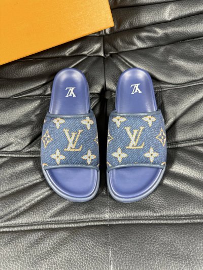 Louis Vuitton Classic Monogram Vintage Style Blue Slide Sandals
