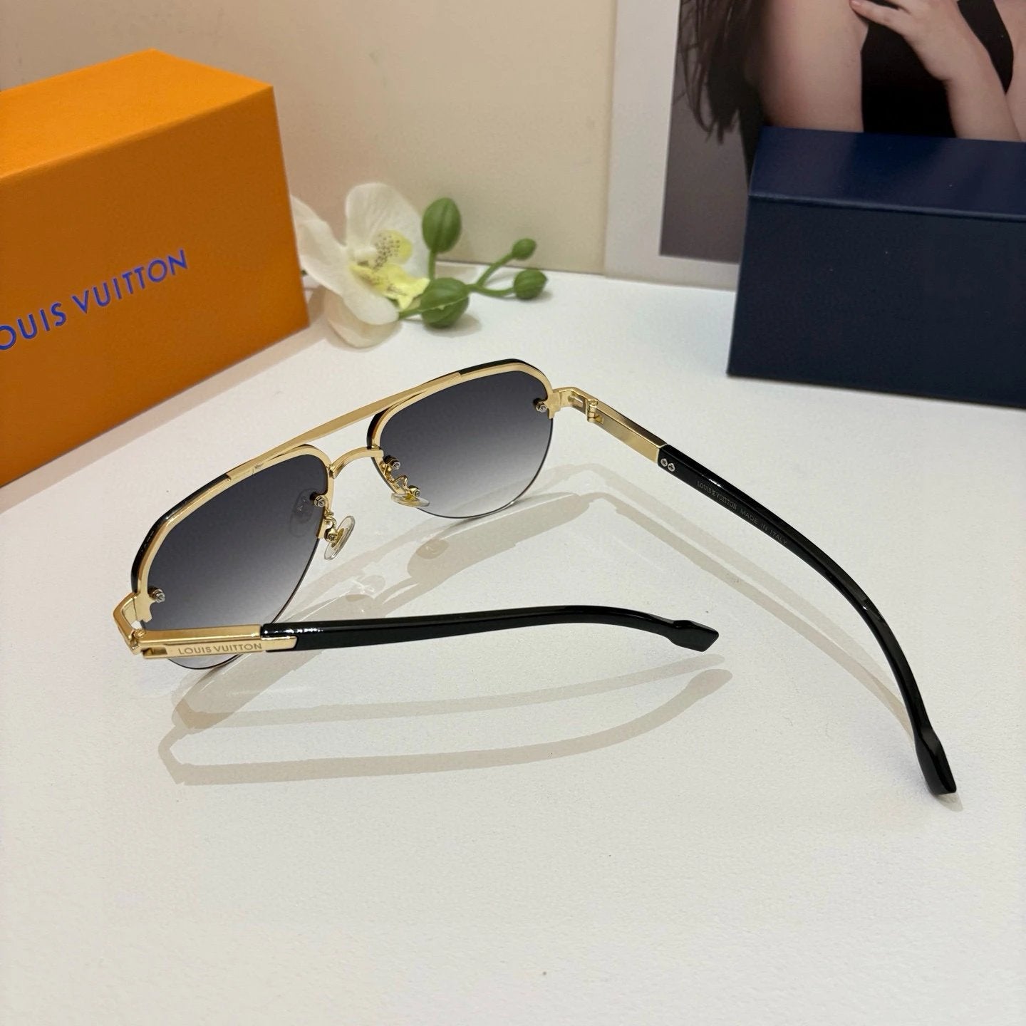 LV Aviator Style Black and Gold Sunglasses