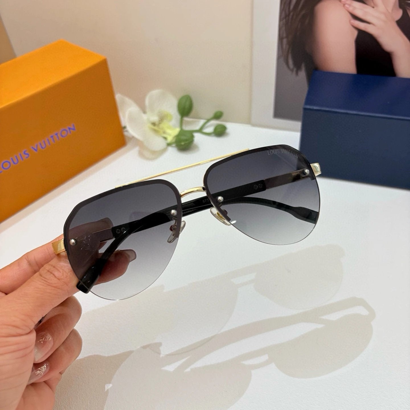 LV Aviator Style Black and Gold Sunglasses