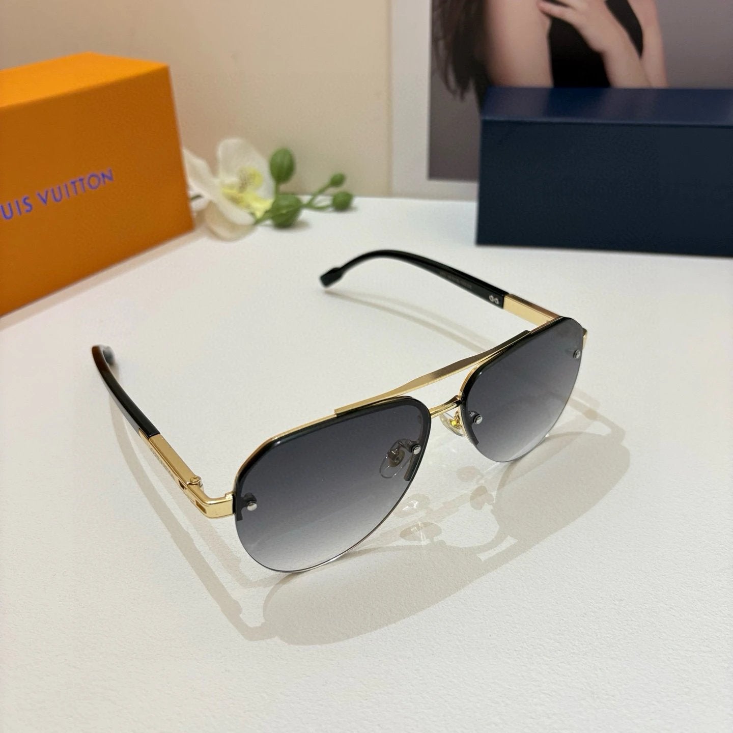 LV Aviator Style Black and Gold Sunglasses